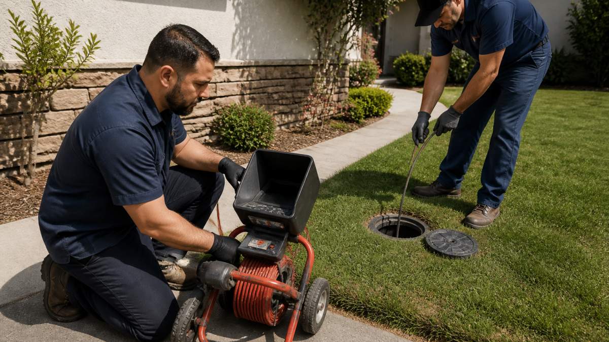 Plumbers using a sewer camera to inspect pipes to determine the average lifespan of residential sewer lines