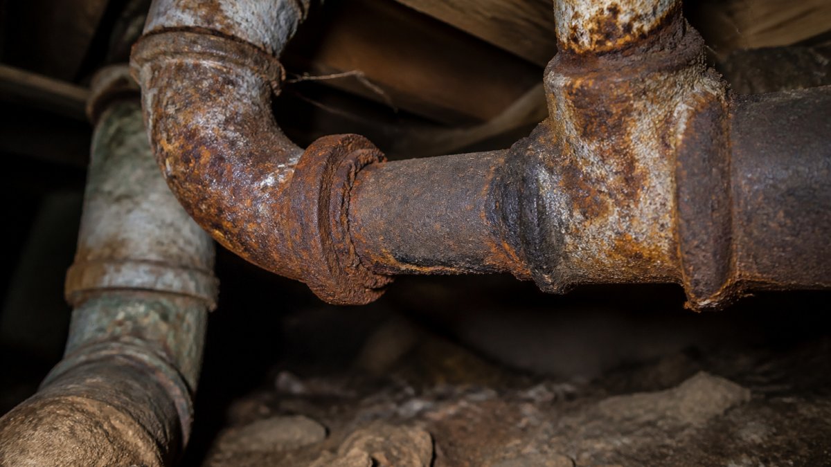Close-up of heavily corroded metal pipes showing rust, discoloration, and deterioration in a basement crawlspace with dim lighting