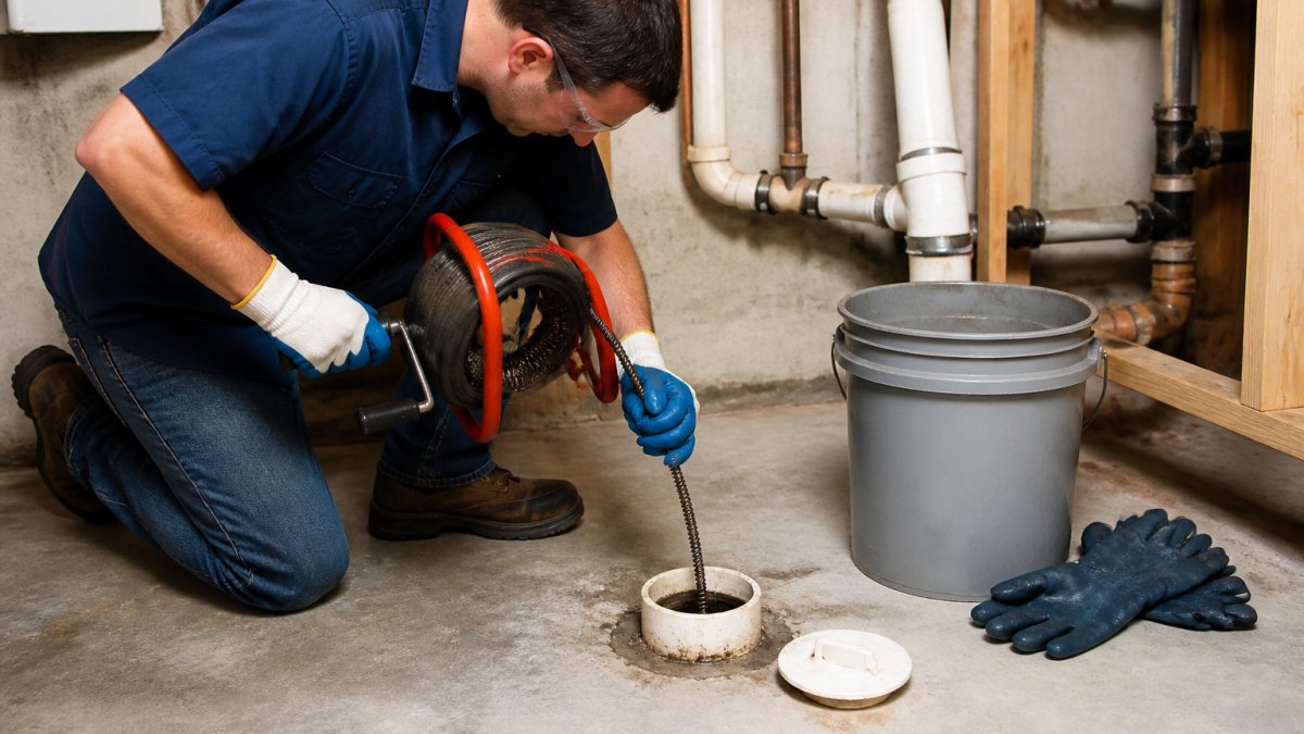 A homeowner in work clothes kneeling beside an open cleanout pipe in a basement, holding a manual drain snake, with a bucket and gloves nearby