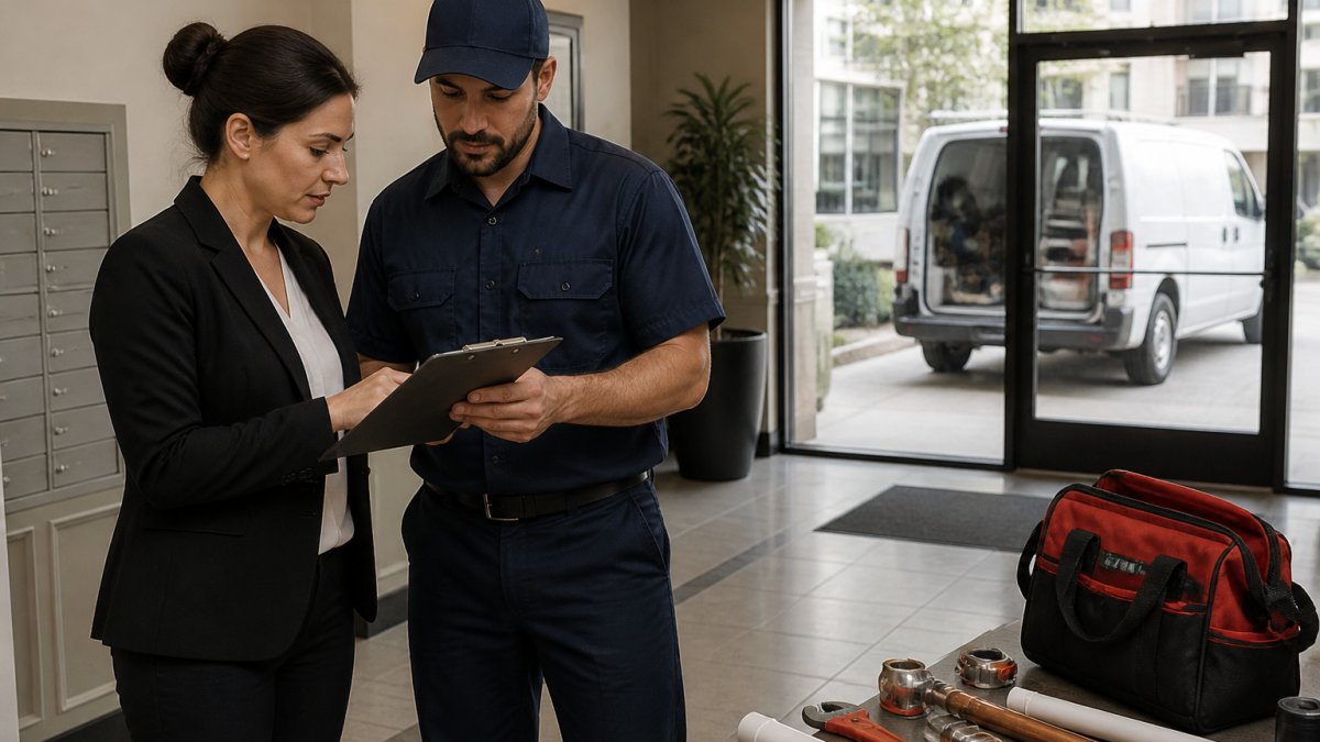 A property manager and a licensed plumber in work clothes reviewing a clipboard of building documents together in the lobby of a multi-unit apartment building, with a service van visible through the glass door