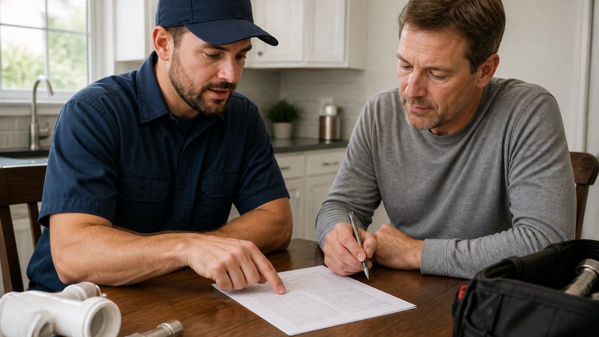 A homeowner and a licensed plumber reviewing a written estimate together at a kitchen table, with the plumber pointing at line items on the paper and the homeowner holding a pen, natural light from a window