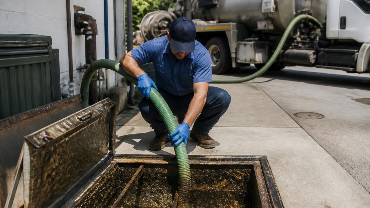 A licensed technician in uniform using a vacuum hose to pump grease from a restaurant grease interceptor, with a service truck visible in the background