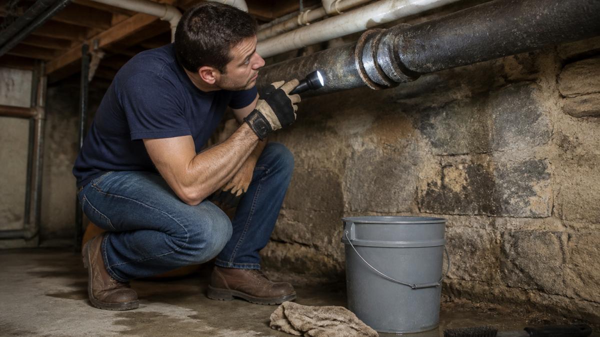 A homeowner wearing work gloves and holding a flashlight, crouching to examine a dark, exposed cast iron drain pipe running along a basement ceiling, with a bucket and rag nearby