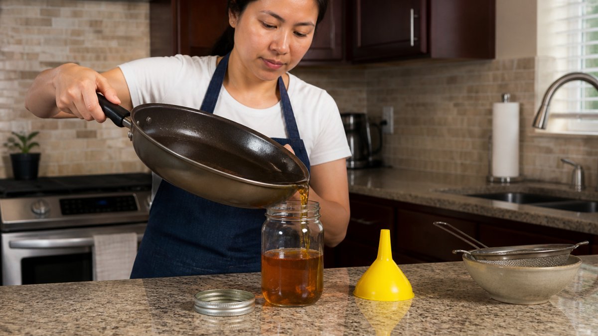 A home cook in a kitchen carefully pouring cooled used cooking oil from a frying pan into a clear glass jar with a lid, with a funnel on the counter