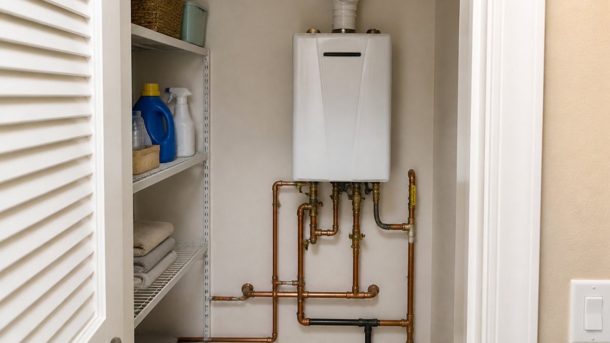 A compact white tankless water heater mounted on a wall in a clean utility closet, with copper pipes and a small shelf of cleaning supplies beside it
