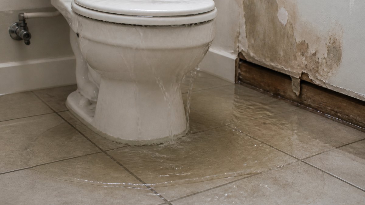 Close-up of a toilet with water backing up and overflowing onto bathroom tile flooring, with visible water damage and moisture on the floor