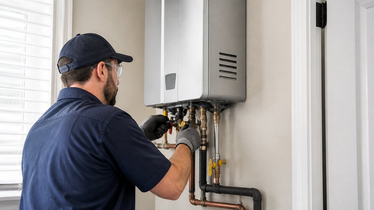 Professional plumber installing a tankless water heater unit on an interior wall, showing the equipment and connection work in progress with proper tools and safety equipment