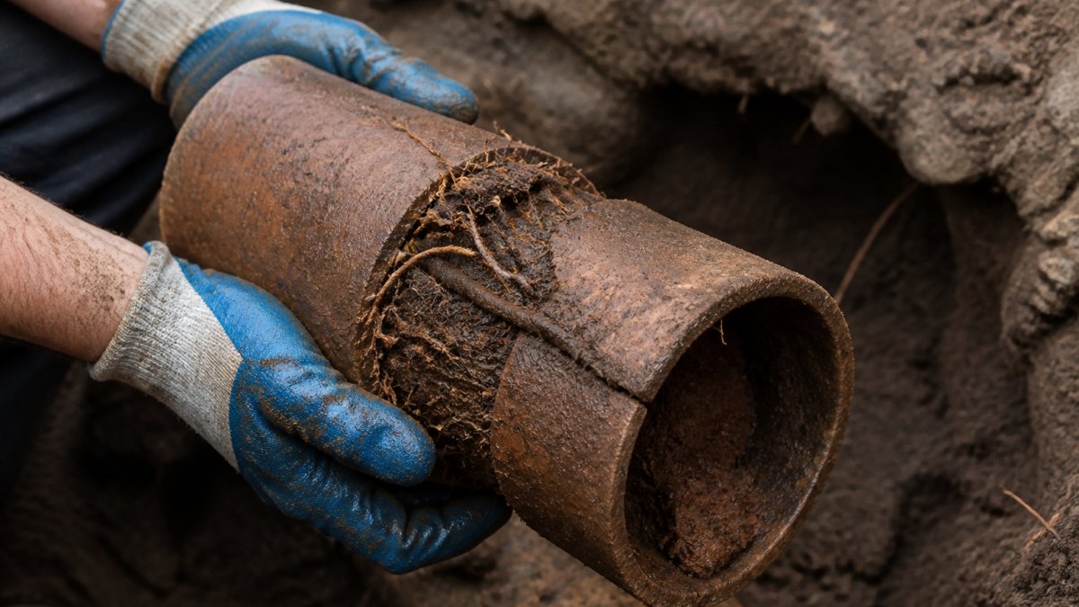 Plumber holding a cracked clay pipe with tree roots causing sewer line blockages through the joint